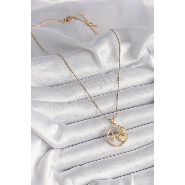 316L Çelik Gold Renk Zincir Zirkon Taşlı Yıldız İşleme Madalyon Model Kadın Kolye