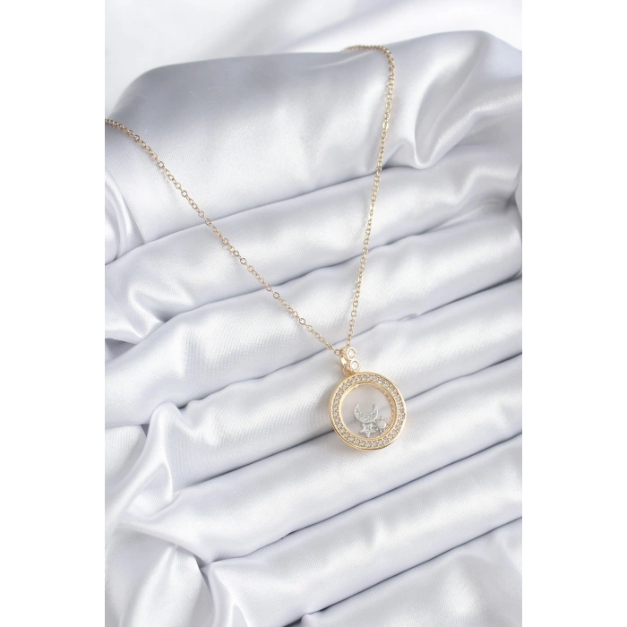 316L Çelik Gold Renk Zirkon Taş Detay Ay Yıldız Fanus Model Kadın Kolye