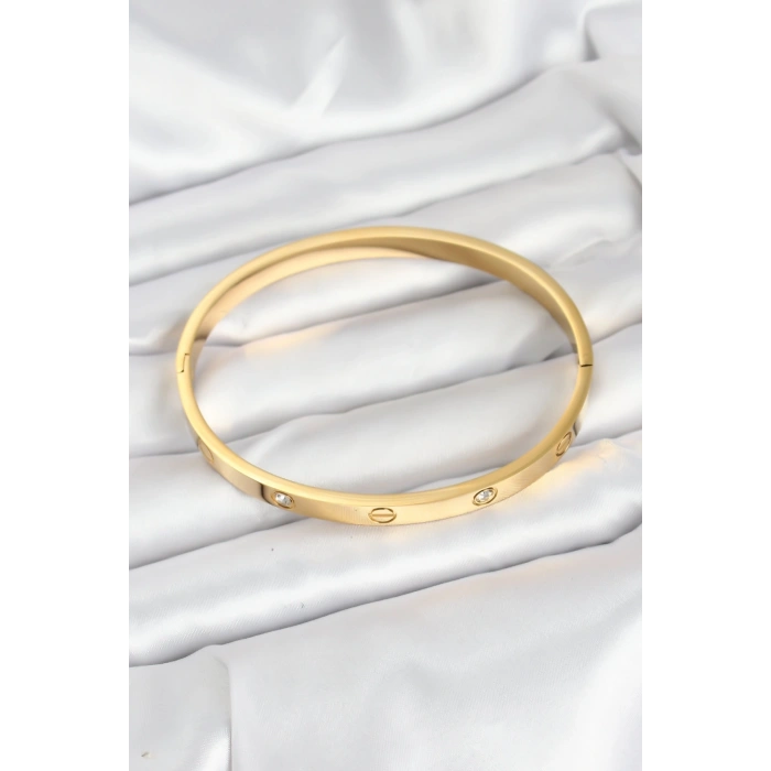 316L Çelik Gold Renk Zirkon Taşlı 65 mm Kadın Kelepçe Bileklik