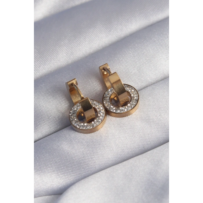 316L Çelik Gold Renk Zirkon Taşlı İç İçe Geçmeli Oval Küpe