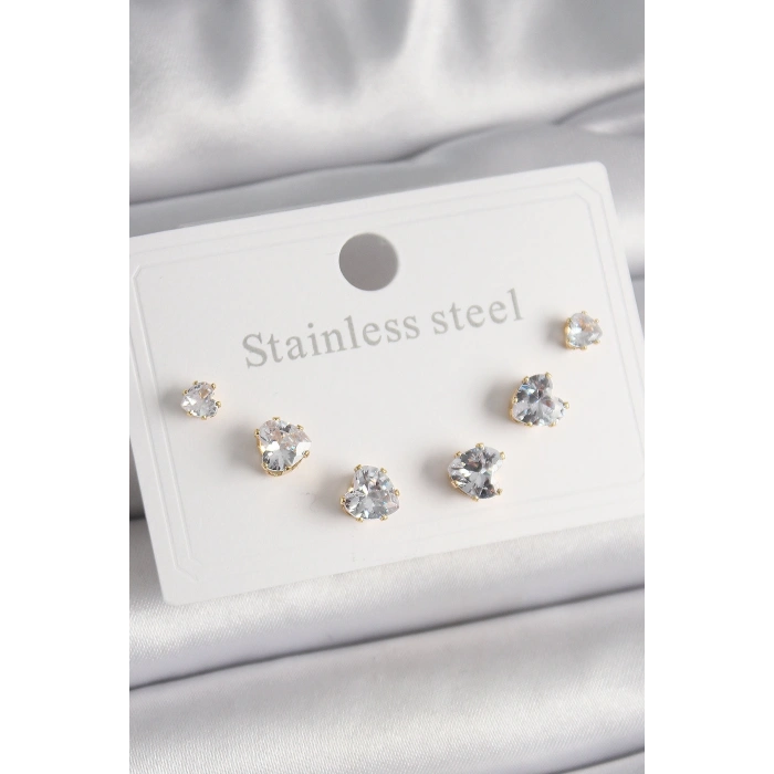 316L Çelik Gold Renk Zirkon Taşlı Kalp Model Kadın Küpe Seti