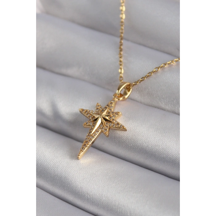 316L Çelik Gold Renk Zirkon Taşlı Kutup Yıldızı Model Kadın Kolye