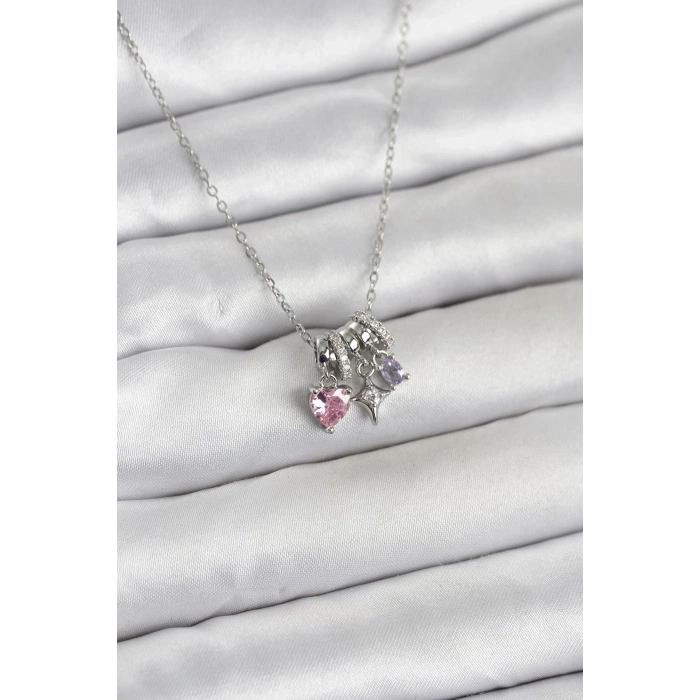 316L Çelik Gümüş Pembe Zirkon Taşlı Charmlı Kadın Kolye