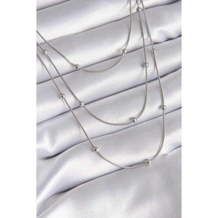 316L Çelik Gümüş Renk 3lü Topçuk Detay Kadın Kolye