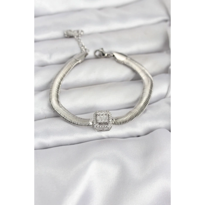 316L Çelik Gümüş Renk Baget Zirkon Taşlı Yılan Zincirli Kadın Bileklik