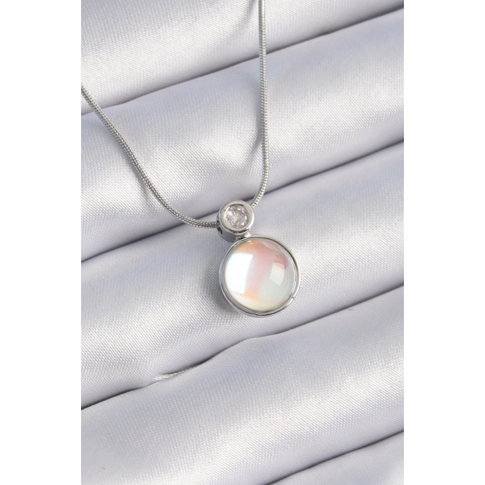 316L Çelik Gümüş Renk Beyaz Sedefli Vintage Model Kadın Kolye