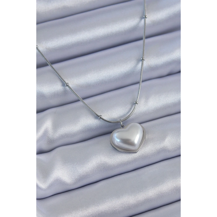 316L Çelik Gümüş Renk İncili Kalp Model Minimal Top Detay Kadın Kolye