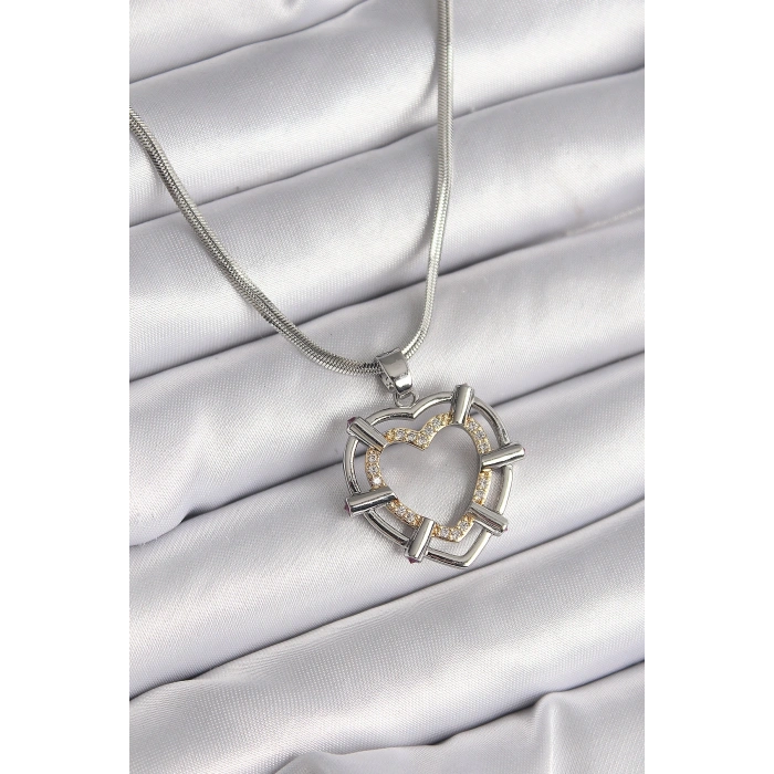 316L Çelik Gümüş Renk İtalyan Zincir Mix Renk Zirkon Taş Detay Kalp Model Kadın Kolye