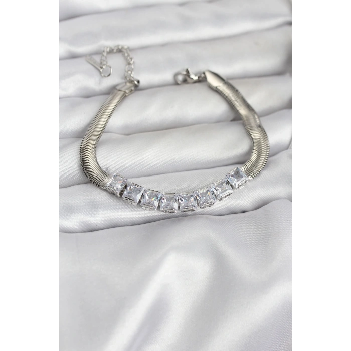 316L Çelik Gümüş Renk Kare Zirkon Taşlı Yılan Zincirli Kadın Bileklik