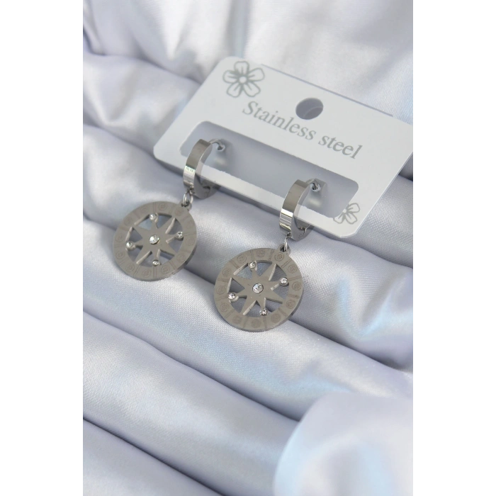 316L Çelik Gümüş Renk Kutup Yıldızı Model Zirkon Taş İşleme Detay Kadın Küpe