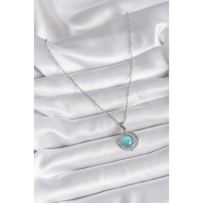 316L Çelik Gümüş Renk Mavi Sedefli Hilal Model Kadın Kolye