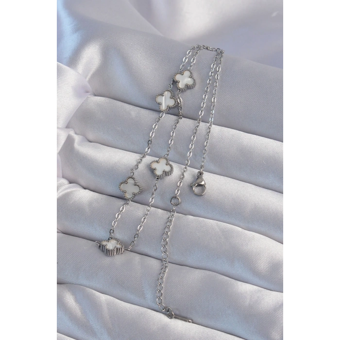 316L Çelik Gümüş Renk Minimal Beyaz Sedefli Yonca Kolye