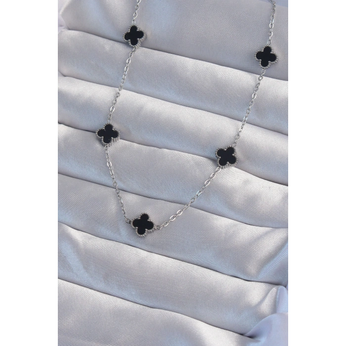 316L Çelik Gümüş Renk Minimal Siyah Mineli Yonca Kolye