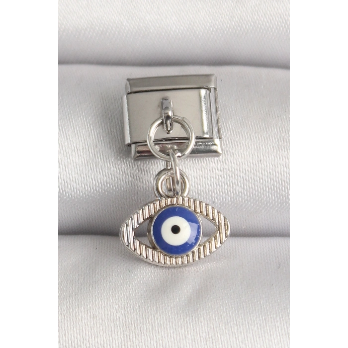 316L Çelik Gümüş Renk Nazar Boncuk Detaylı Göz Model Nomination Charm