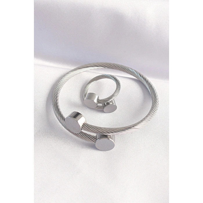 316L Çelik Gümüş Renk Oval Aksesuarlı Burgu Model Bileklik ve Yüzük Kombini