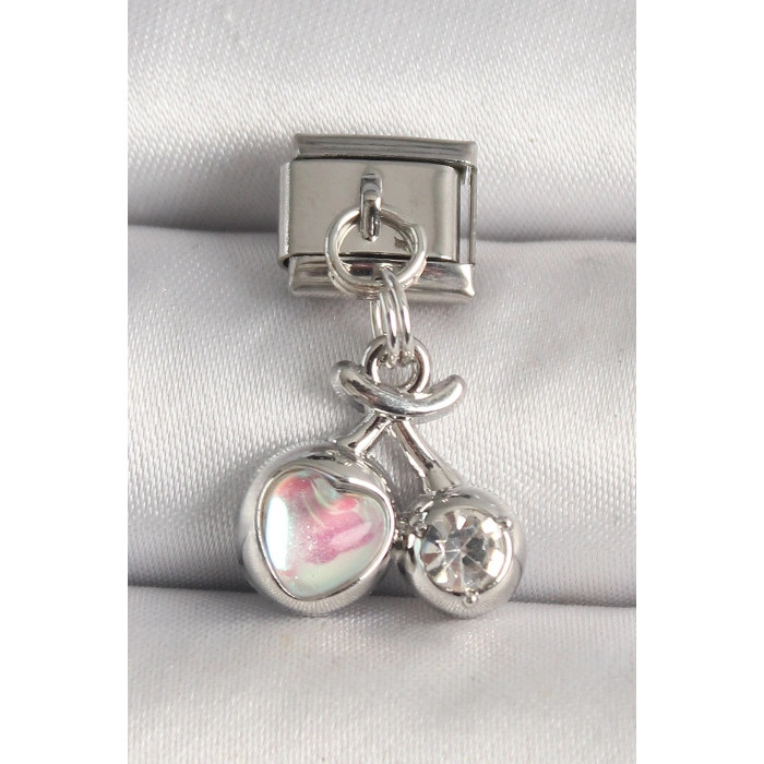 316L Çelik Gümüş Renk Pembe Mineli Kalp Zirkon Taş Detay Nomination Charm