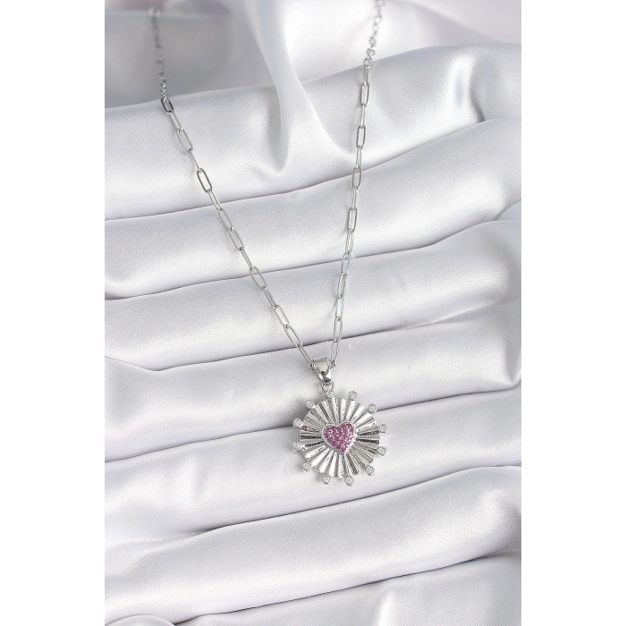316L Çelik Gümüş Renk Pembe Zirkon Taşlı Kalp İşleme Madalyon Model Kadın Kolye