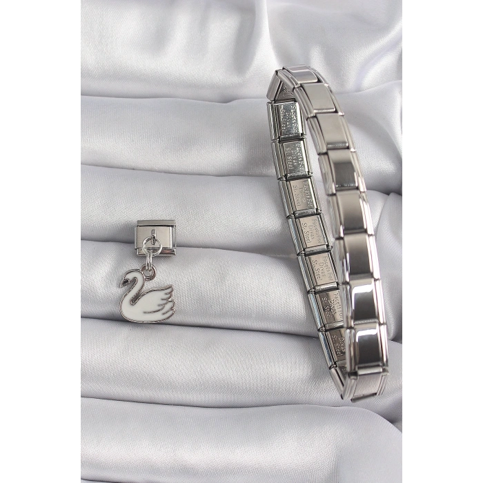 316L Çelik Gümüş Renk Sallantı Beyaz Kuğu Model Nomination Charm