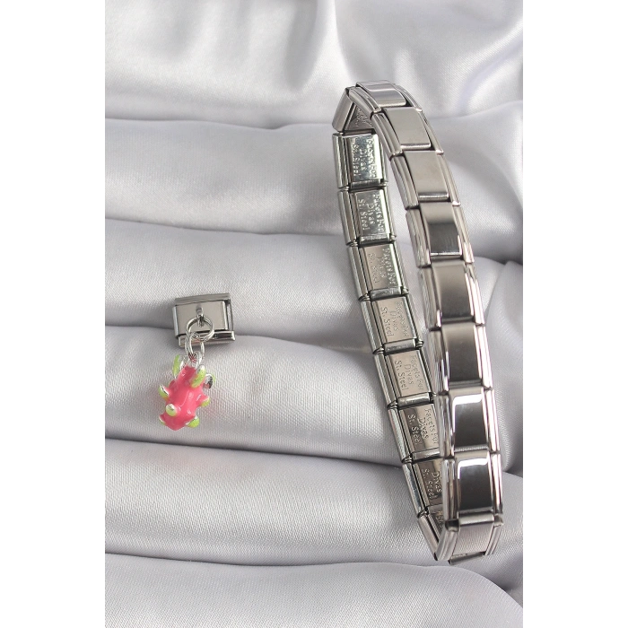 316L Çelik Gümüş Renk Sallantı Ejder Meyvesi Model Nomination Charm