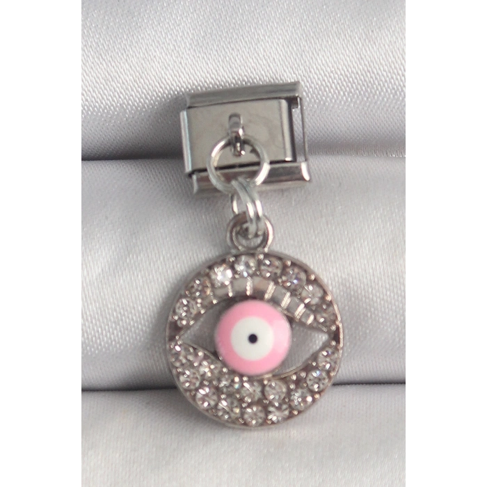 316L Çelik Gümüş Renk Sallantı Zirkon Taşlı Pembe Göz Model Nomination Charm
