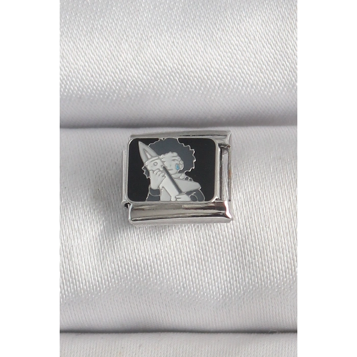 316L Çelik Gümüş Renk Siyah İşlemeli Portre Model Nomination Charm