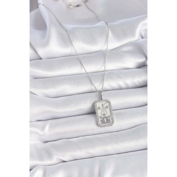 316L Çelik Gümüş Renk Terazi Burcu Zirkon Taşlı Kadın Kolye