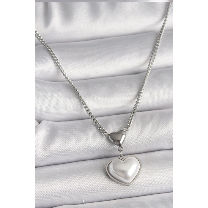 316L Çelik Gümüş Renk Zincir 3D Kalp Model Kadın Kolye