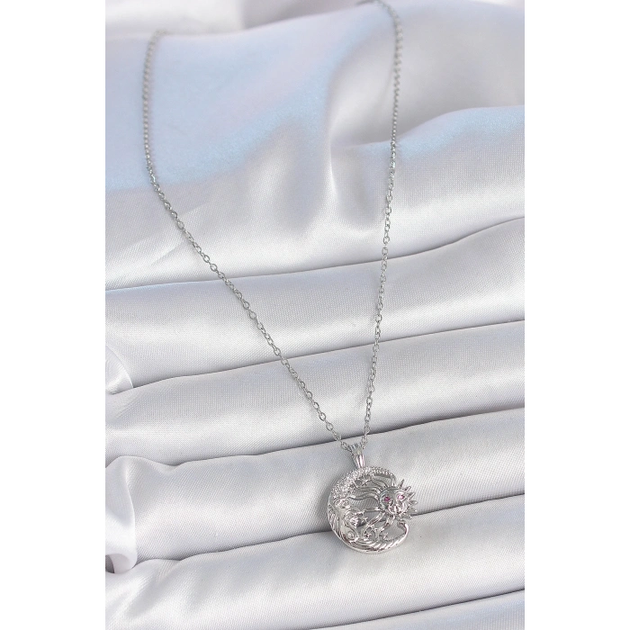 316L Çelik Gümüş Renk Zincir Ay Güneş Model Zirkon Taş Detay Kadın Kolye