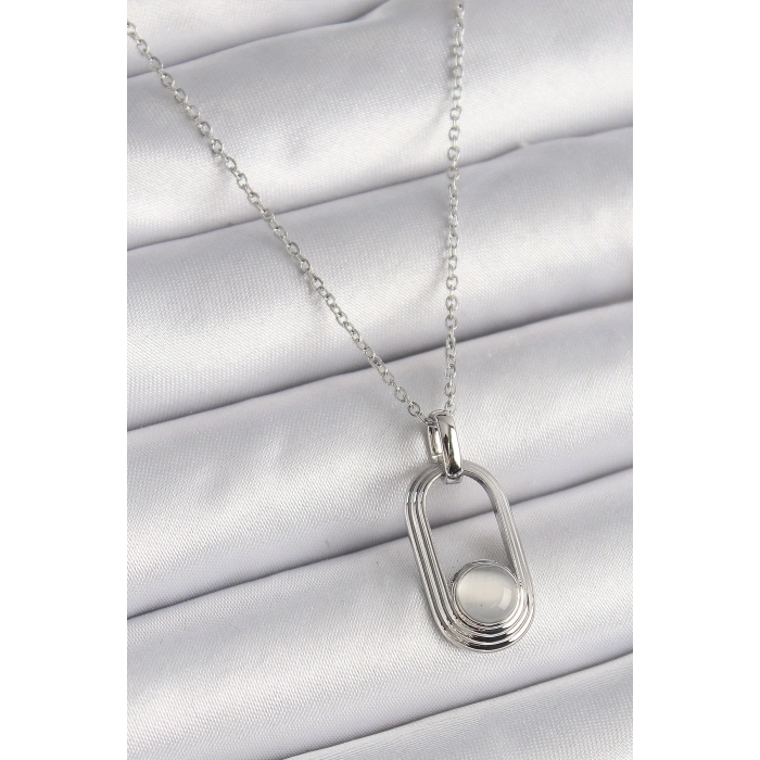 316L Çelik Gümüş Renk Zincir Beyaz Kedi Göz Model Kadın Kolye