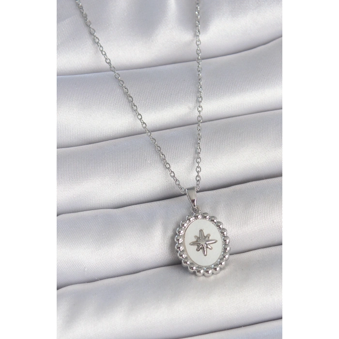 316L Çelik Gümüş Renk Zincir Beyaz Mineli Kutup Yıldız İşlemeli Madalyon Model Kadın Kolye