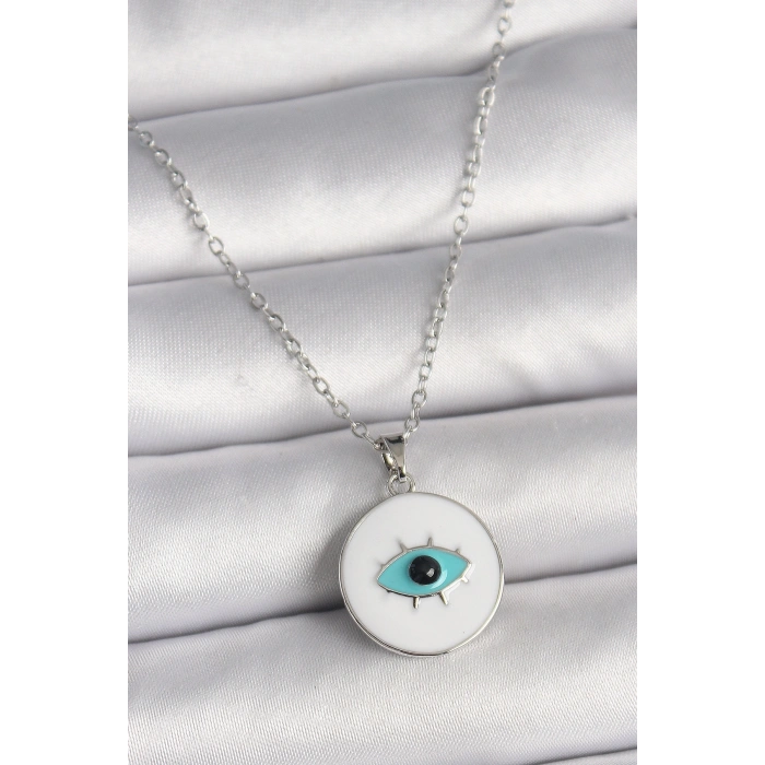 316L Çelik Gümüş Renk Zincir Beyaz Mineli Turkuaz Göz İşleme Model Kadın Kolye