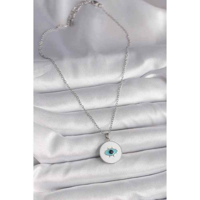 316L Çelik Gümüş Renk Zincir Beyaz Mineli Turkuaz Göz İşleme Model Kadın Kolye