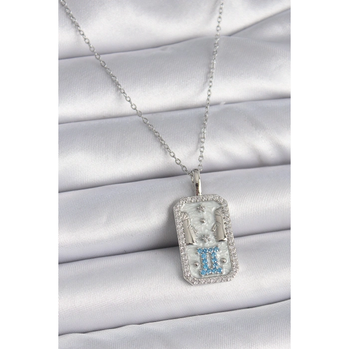 316L Çelik Gümüş Renk Zincir İkizler Burcu Zirkon Taşlı Kadın Kolye