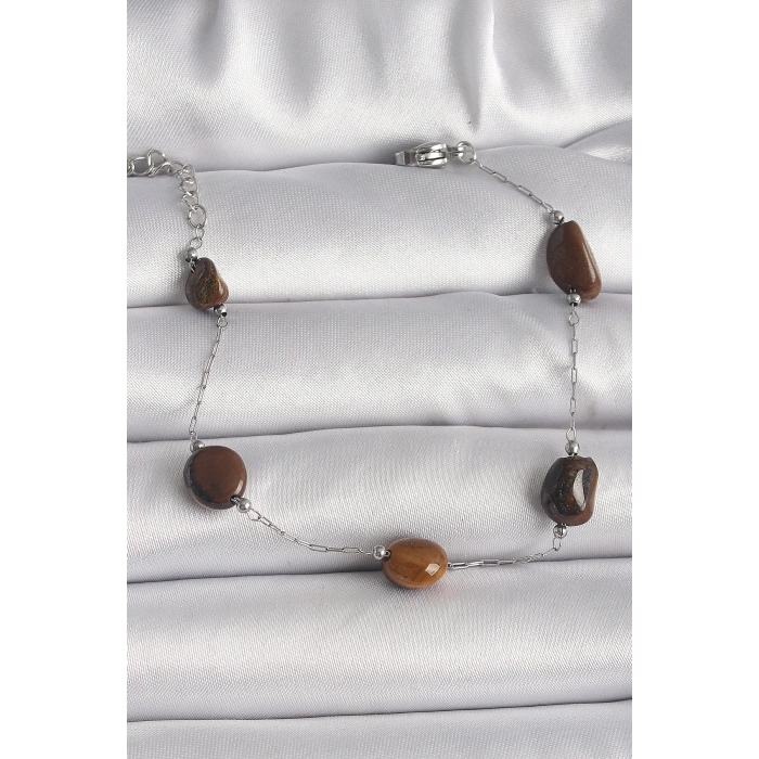 316L Çelik Gümüş Renk Zincir Kahverengi Doğaltaş Model Kadın Bileklik