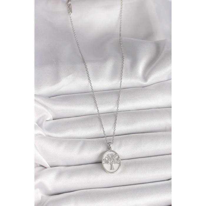 316L Çelik Gümüş Renk Zincir Zirkon Taş İşlemeli Beyaz Mineli Ağaç İşlemeli Portre Model Kadın Kolye