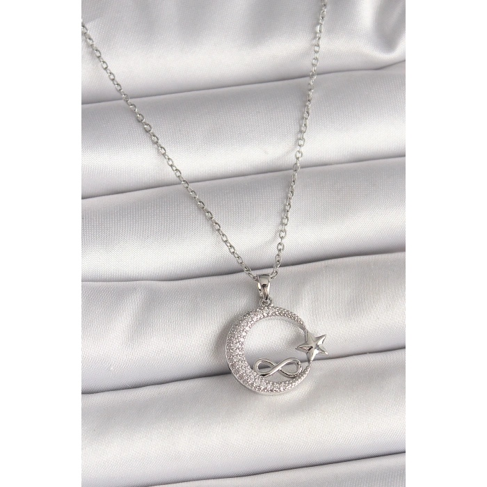 316L Çelik Gümüş Renk Zincir Zirkon Taşlı Ay Yıldız Model Sonsuzluk Detay Kadın Kolye