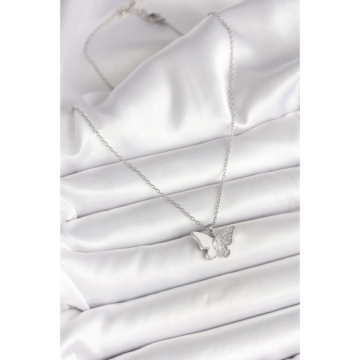 316L Çelik Gümüş Renk Zincir Zirkon Taşlı Beyaz Mineli Kelebek Model Kadın Kolye
