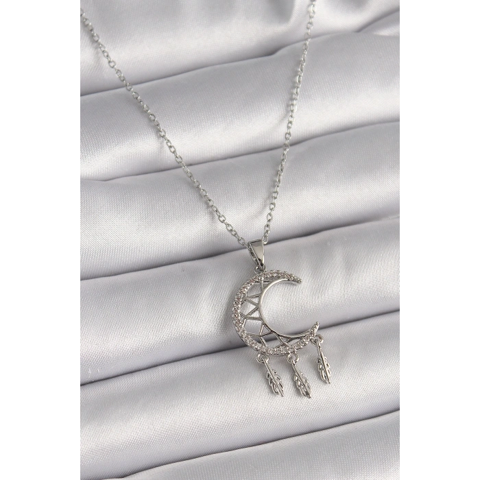 316L Çelik Gümüş Renk Zincir Zirkon Taşlı Hilal Model Sallantı Yaprak Detay Kadın Kolye
