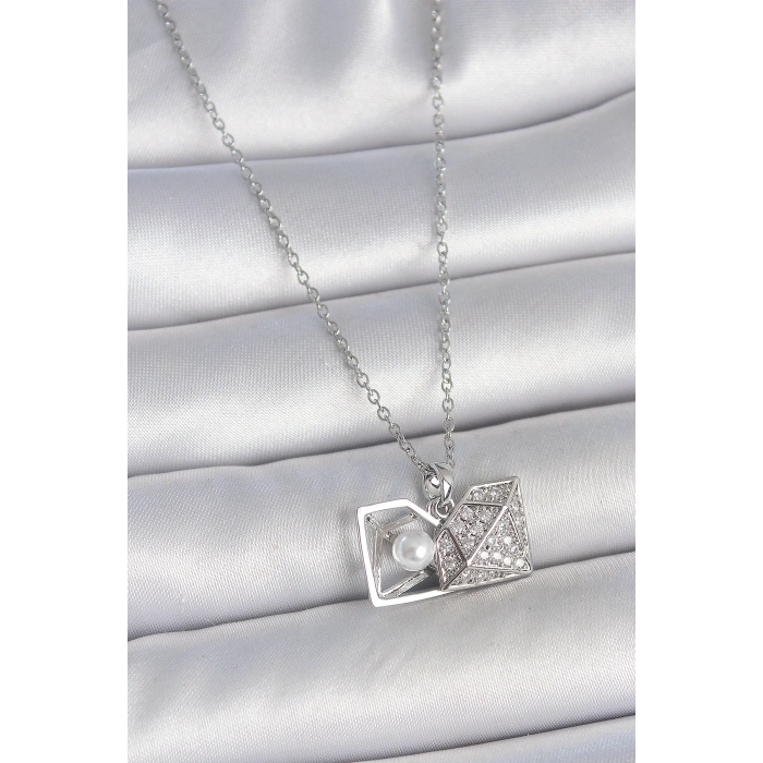 316L Çelik Gümüş Renk Zincir Zirkon Taşlı İncili Açılır Elmas Model Kadın Kolye