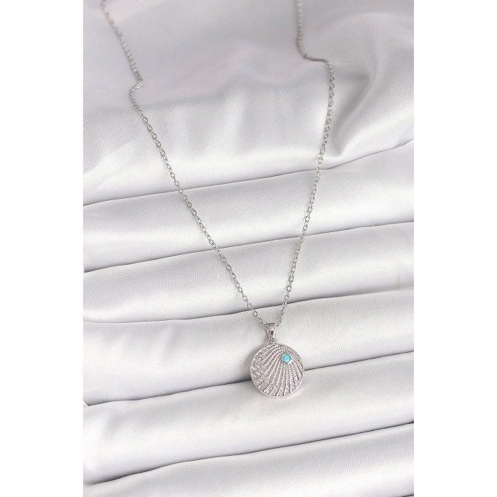316L Çelik Gümüş Renk Zincir Zirkon Taşlı Mavi Taş Detaylı Madalyon Model Kadın Kolye
