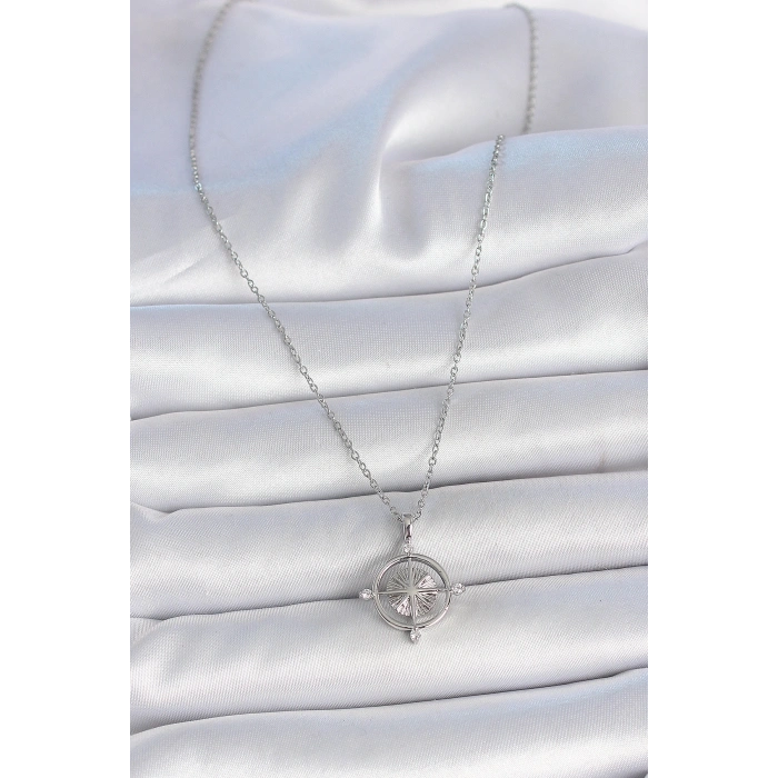 316L Çelik Gümüş Renk Zincir Zirkon Taşlı Pusula Model Kadın Kolye
