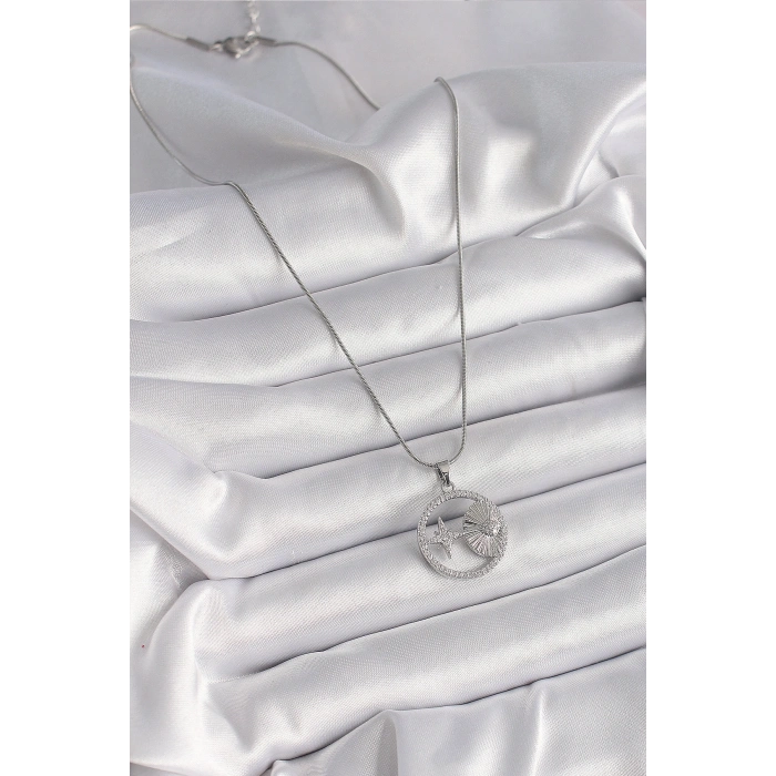 316L Çelik Gümüş Renk Zincir Zirkon Taşlı Yıldız Madalyon Model Kadın Kolye