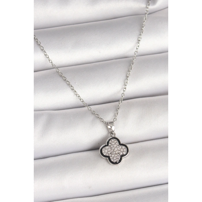 316L Çelik Gümüş Renk Zincir Zirkon Taşlı Yonca Model Kadın Kolye