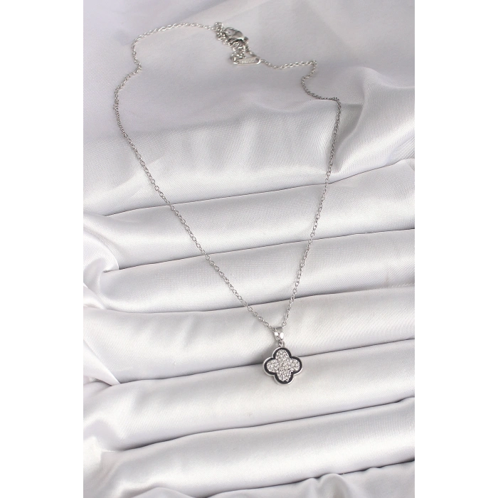 316L Çelik Gümüş Renk Zincir Zirkon Taşlı Yonca Model Kadın Kolye