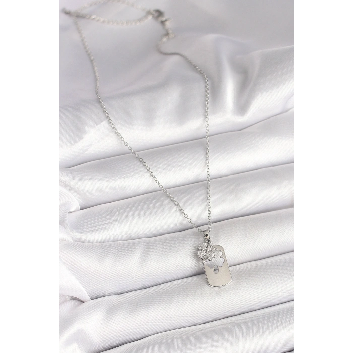 316L Çelik Gümüş Renk Zincir Zirkon Taşlı Yonca Model Kadın Kolye