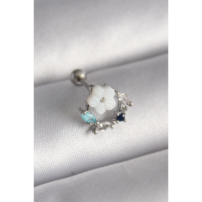 316L Çelik Gümüş Renk Zirkon Taş Detay Beyaz Çiçek Model Tragus Piercing