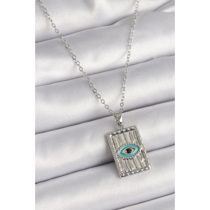 316L Çelik Gümüş Renk Zirkon Taşlı Göz İşleme Detaylı Plaka Model Kadın Kolye