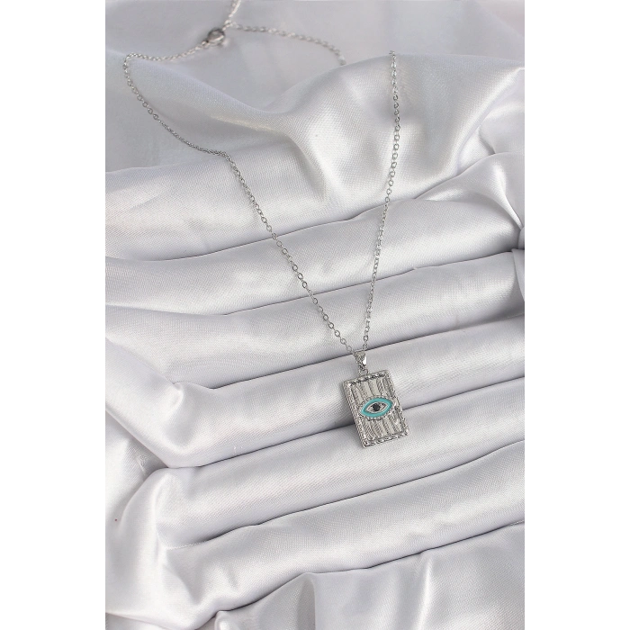 316L Çelik Gümüş Renk Zirkon Taşlı Göz İşleme Detaylı Plaka Model Kadın Kolye