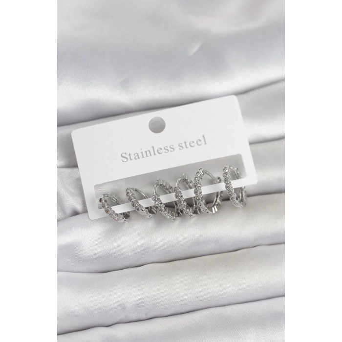 316L Çelik Gümüş Renk Zirkon Taşlı Halka Model Kadın Küpe Seti