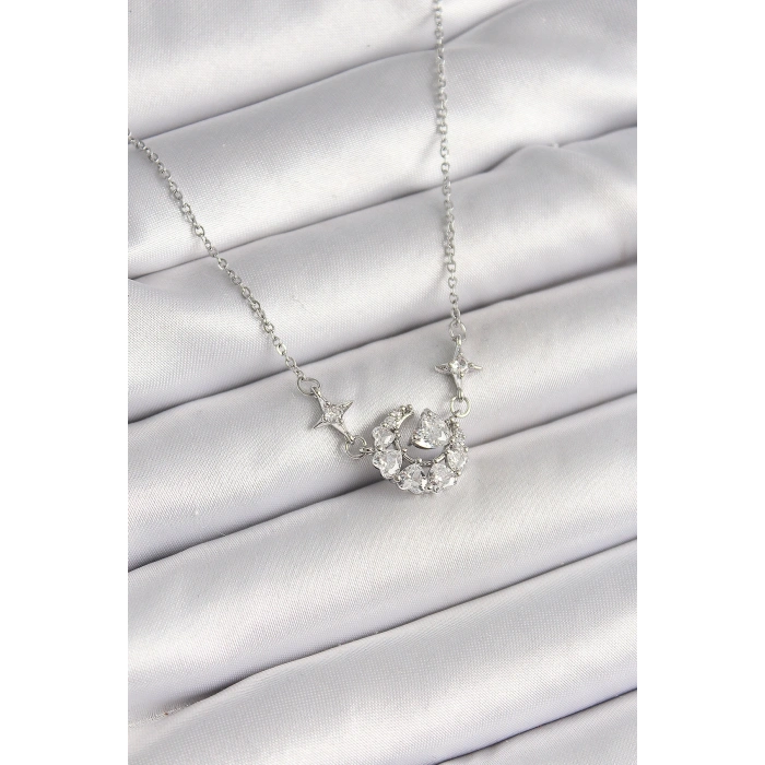 316L Çelik Gümüş Renk Zirkon Taşlı Hilal Kalp Model Kadın Kolye